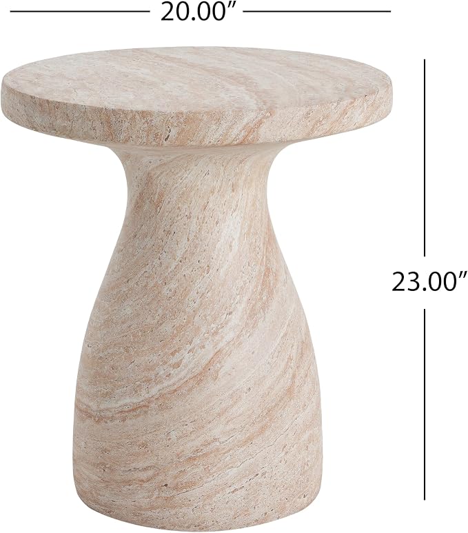 Concrete Side Table, Travertine Finish, 23 in Beige | Indoor outdoor use, lightweight concrete, travertine-look hourglass, 23 x 20 in, no assembly
