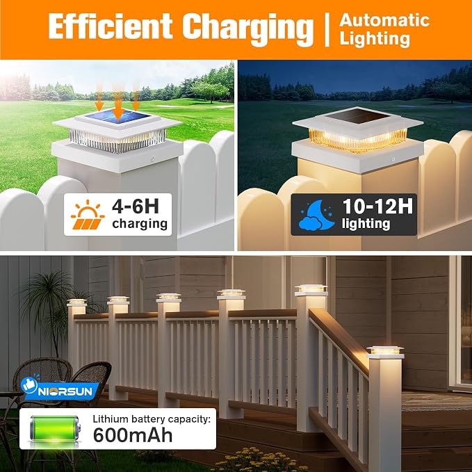 NIORSUN 4x4 Post Solar Lights Color Changing,Solar Post Light,12 Pack White | RGB Solar Post Cap Lights for 4x4 Post Caps Wood Vinyl,5x5 Vinyl,IP44 Waterproof Fence Post Solar Lights Outdoor for Deck