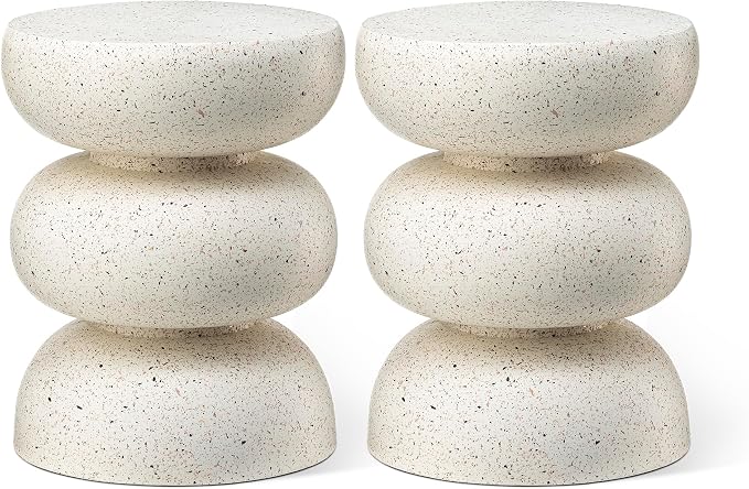 Glitzhome Outdoor Side Table, Round Small End Table with White Geometric Terrazzo Finish MGO Hourglass Garden Stool, Set of 2 Decorative Accent Table for Living Room Planter Stand Backyard Patio Porch