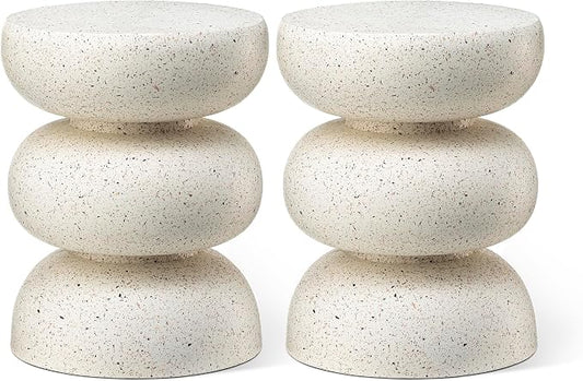 Glitzhome Outdoor Side Table, Round Small End Table with White Geometric Terrazzo Finish MGO Hourglass Garden Stool, Set of 2 Decorative Accent Table for Living Room Planter Stand Backyard Patio Porch