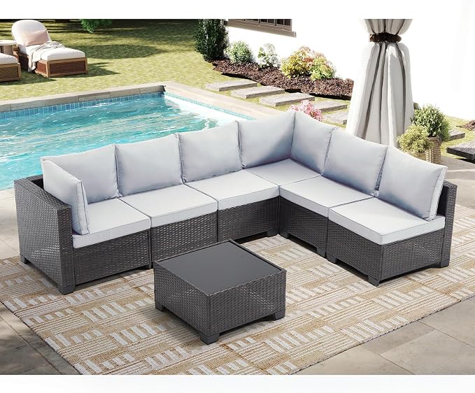 CANMOV 7 Pieces Patio Furniture Sets, All Weather Outdoor Patio Conversation Set, PE Wicker Rattan Sectional Sofa Couch Glass Coffee Table Washable Cushions for Backyard Garden, Poolside, Light Grey