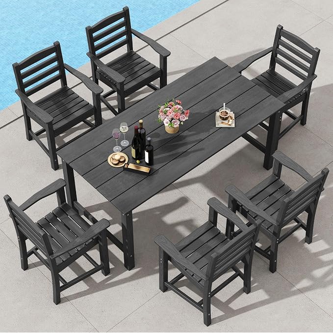 Tangkula 7 Pcs Outdoor Dining Table Set for 6, 67” HDPE Weather-Resistant Patio Rectangle Table & 6 Armchairs w/Curved Seat, Umbrella Hole, Wood Grain, Plastic Dining Furniture (Black, 7 Pcs)