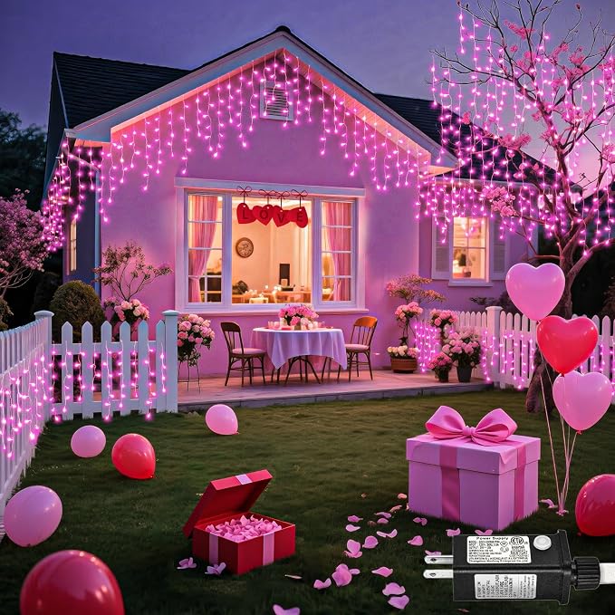 Pink Christmas Lights Outdoor Icicle Lights for Outside 33ft 400 LED String | Twinkle Lights Clear Wire Connectable 8 Modes Timer Plug in Waterproof for Window Party Wedding Holiday Patio Tree Decoration