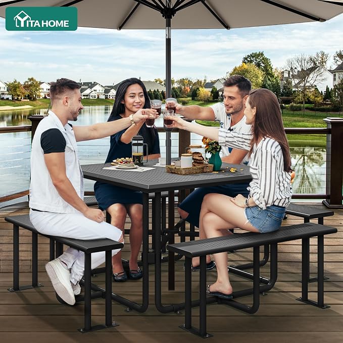 YITAHOME 37" Metal Picnic Table, Powder Coated Outdoor Picnic Table with Heavy-Duty Steel Frame, Adjustable Seats & Umbrella Hole for Yard, Patio, Lawn, Party, Black, Square
