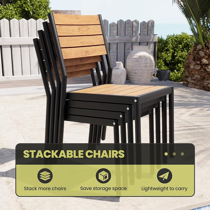 11 Pieces Outdoor Patio Dining Set, 95" Aluminum Table and Stackable Chairs | Adjustable Umbrella Hole & Wood Grain Tabletop for Garden, Patio, Backyard (Brown)