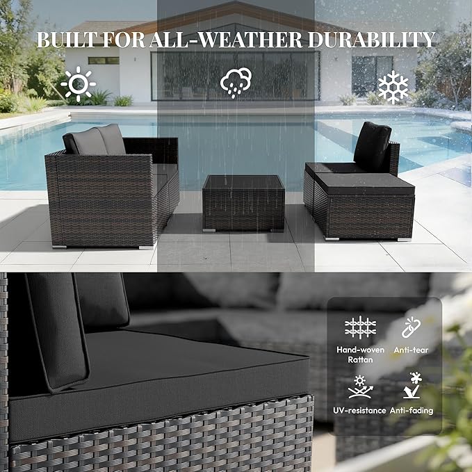 WWR Patio Furniture Set 5 Piece - Wide Armrests - All-Weather Wicker Rattan Outdoor Conversation Couch Sets, Modular Sectional Sofa for Garden, Patio, Poolside, Backyard, Balcony, Porch