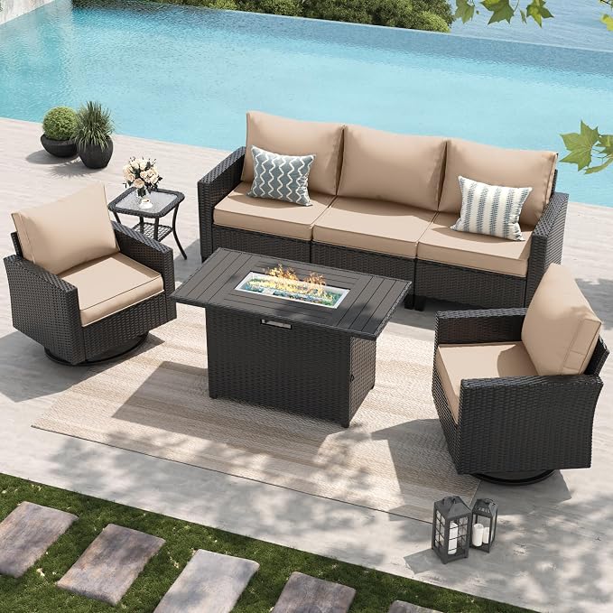 Amopatio Patio Furniture Set with Fire Pit Table, Wicker Outdoor Sectional Sofa with Swivel Rocker Chairs, All-Weather Rattan Conversation Set, Waterproof Cover for Backyard, Deck Black/Khak 5 PCS