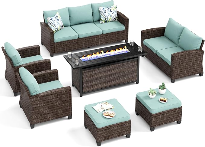 MIXPATIO Patio Furniture Set, 7 Pcs Wicker Rattan Outdoor Conversation Set, 2 x Leg Chairs, 1 x 3 Seater Sofa, 1 x 2-Seat Lover Sofa and 2 x Ottomans with 4" Thick Cushion and 56" Fire Pit Table, Blue