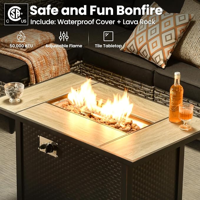 ovios 9-Piece Patio Furniture Set with L-Shape Sofa Chaise, Outdoor Sectional Couch Swivel Gliders Fire Pit Table, Modern Modular Wicker Rattan Conversation Set, Black