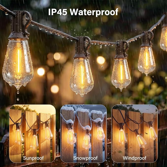 Ollny Outdoor String Lights 40FT, Bright Shatterproof Connectable Outside String Lights with 15 ST38 Vintage Edison Bulbs, 2200K Warm White Waterproof Patio Light for Yard Gazebo Porch Balcony
