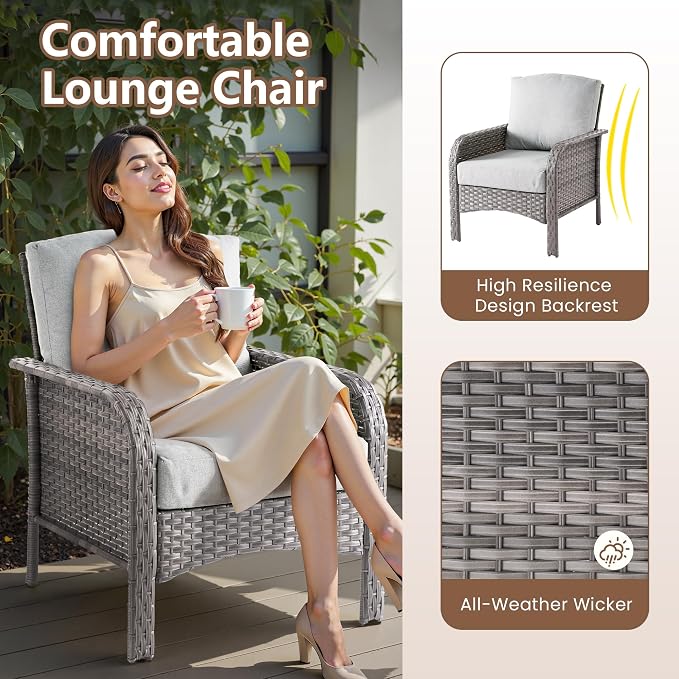 6 PCS Outdoor Patio Furniture Set with Glass Table, All-Weather Rattan Wicker Outdoor Conversation Set with Thickened Cushions for Balcony Backyard Garden Lawn,Grey