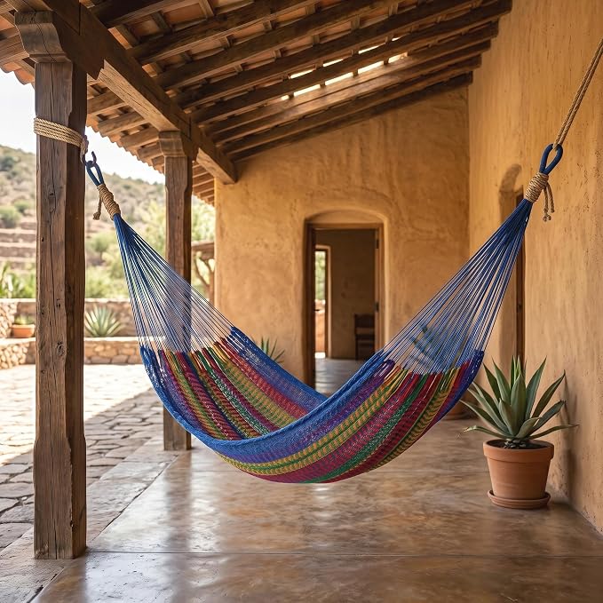 NOVICA Artisan Rainbow Seascape Double Hammock, Blue Striped Handmade Nylon Mayan Rope Style from Mexico, Bed 78in L x 78in W, Total Length 158in L