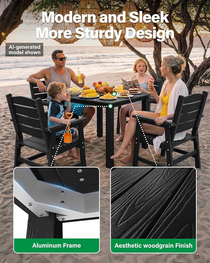 YEFU 5-Piece Outdoor Dining Set：Modern All-Weather Plastic Patio Dining Sets, Waterproof Easy-Clean Outdoor Table and Chairs - HIPS Square Furniture for Garden Poolside Backyard Deck（Black）