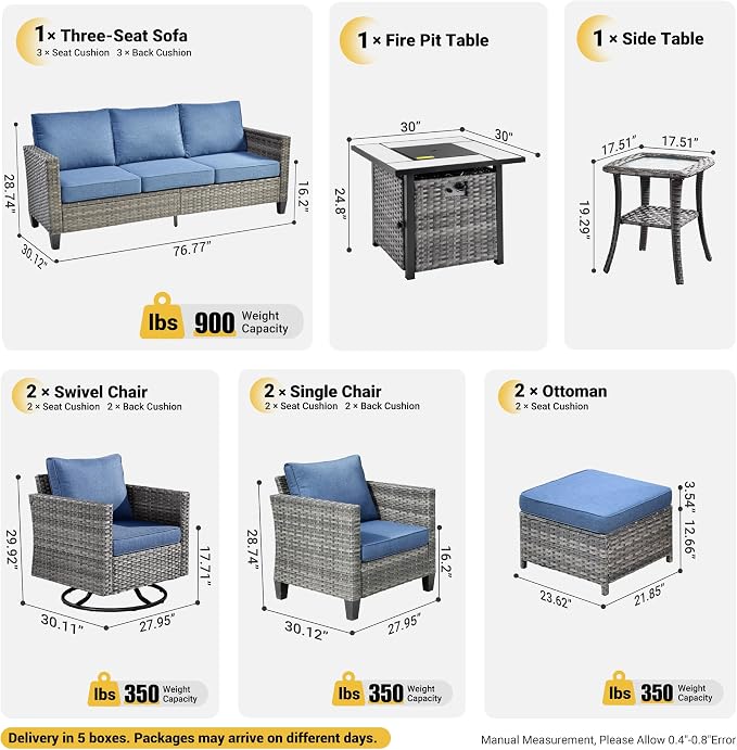 ovios 9 Pieces Patio Furniture Set with Square Fire Pit Table, Outdoor Swivel Rocking Chairs, High Back Wicker Rattan Conversation Set for Deck Porch, Denim Blue