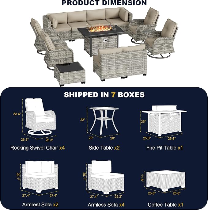 14-Piece Outdoor Patio Furniture Set with Rocking Swivel Chair, Wicker Rattan Sectional Sofa Conversation Set with 55,000 BTU Fire Pit Table, Backyard Furniture, Beige