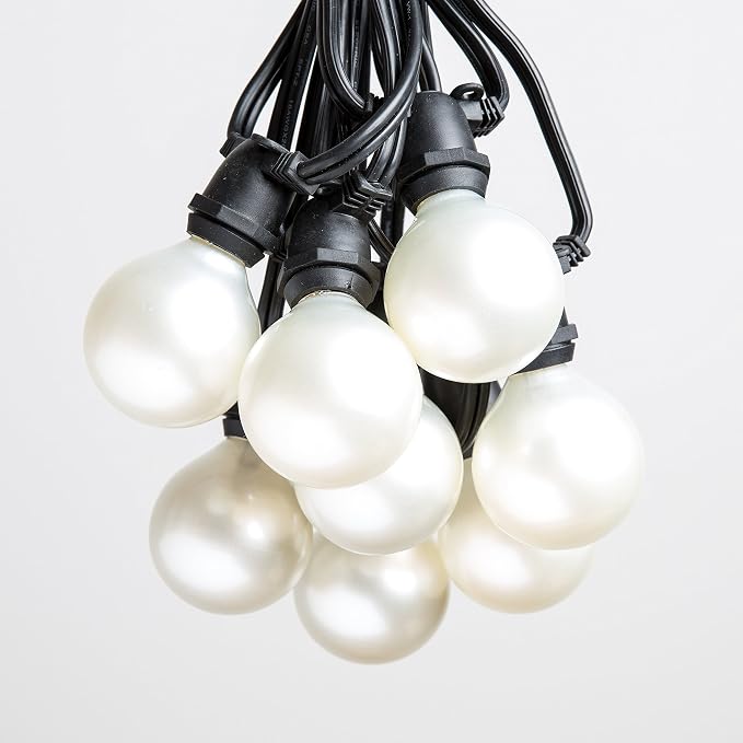 White Pearl Outdoor Patio Globe String Lights (Commercial 100 Foot 80 Socket - G50 White Pearl 2 Inch Bulbs - Black Wire)