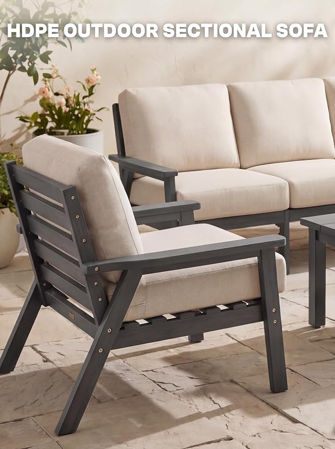 AreShark 3-Piece HDPE Patio Conversation Set, All Weather Outdoor Couch Set with Thick Cushions, Outdoor Sectional Outdoor Sofa Set for Lawn, Deck, Backyard, Grey & Beige