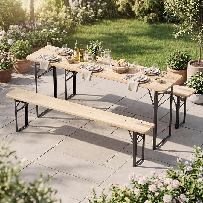 Byroce Folding Picnic Table Set with Benches, 70” Fir Wood Beer Table Set, Outdoor Dining Table with Heavy-Duty Metal Frame, Foldable Picnic Table for Patio, Garden, Backyard, BBQ & Parties (70")