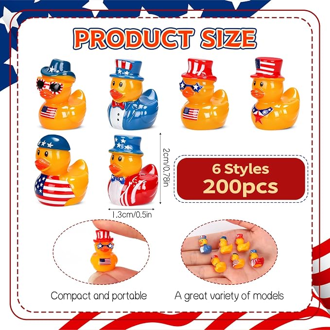 200 Pcs Patriotic Mini Resin Ducks 6 Style Bulk Tiny Duck Figurines 250th Anniversary Independence Day Decorations 4th of July Patriotic Ducks for Party Favors DIY Crafts and Desk Decor