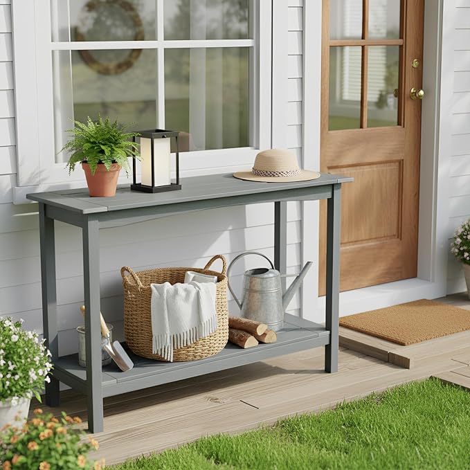 Outdoor Console Table, All-Weather 2-Tier Patio Console Table, Outside Plant Stand Table, Low Maintenance, Never Rot or Fade, HIPS Table for Indoor, Backyard, Garden, Entryway, Grey