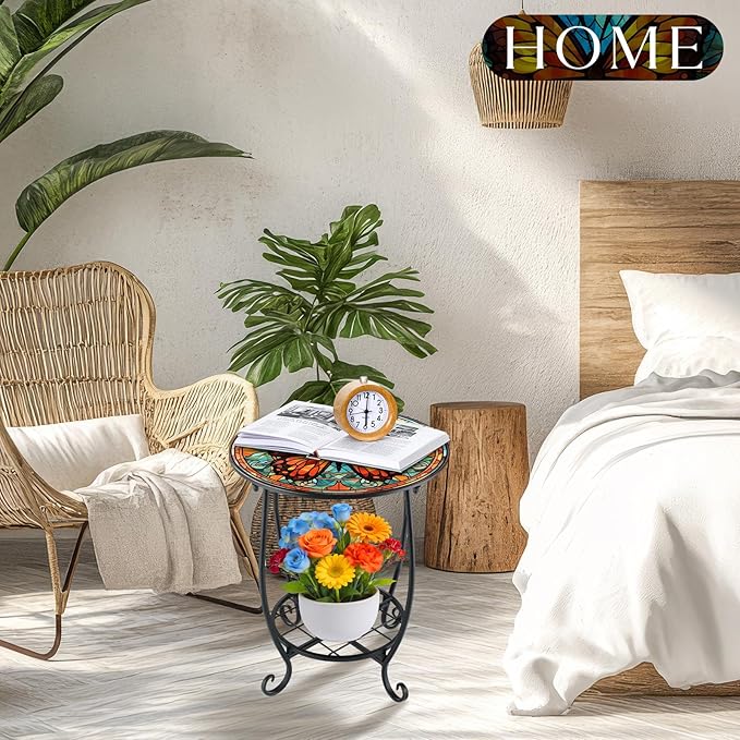 Cinnvoice Outdoor Side Table Round Small Mosaic Patio Accent Indoor End Plant Coffee Tea Table for Yard Patio Porch Garden Living Room, Bedroom(Butterfly B Style,12 Inch)