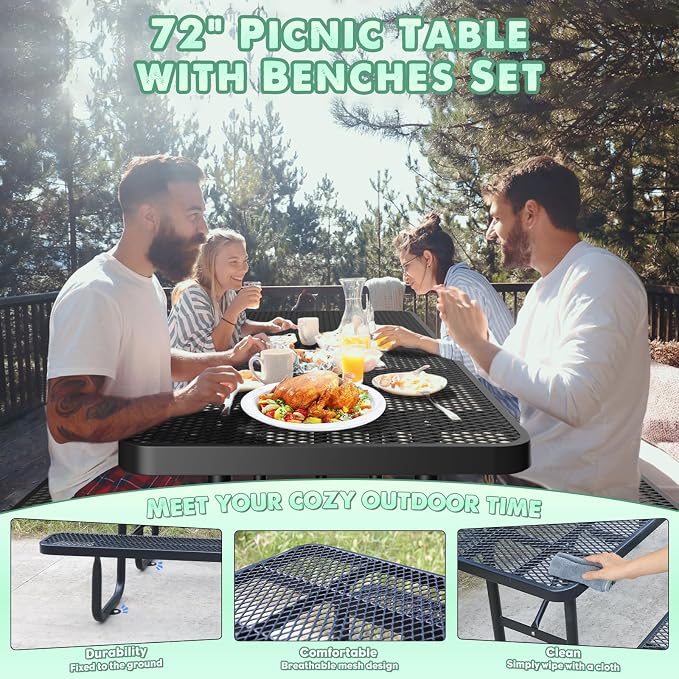 Ceridwen Heavy Duty Picnic Table with 2 Benches, Expanded Metal Steel Mesh Outdoor Patio Dining Table Bench Set with Umbrella Hole,Outdoor Patio Dining Table for Garden (Rectangular, Black, 6FT)
