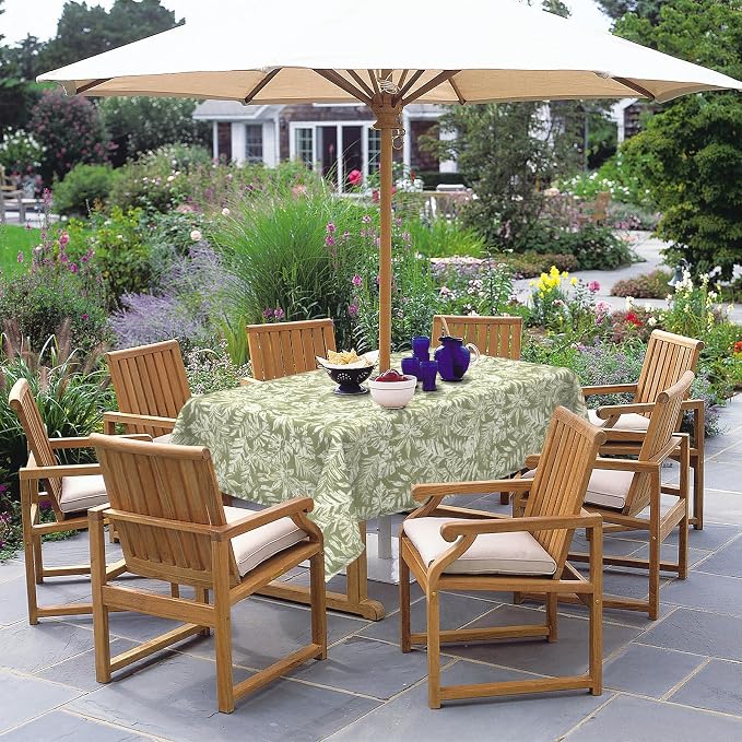 DYTXIII Outdoor Rectangle Tablecloth with Umbrella Hole and Zipper 84" x 60", Water Repellent Floral Picnic Cover, Fade & Wrinkle Resistant Tablecloth for Patio/Garden/Party Table, Tropical Leaf Green