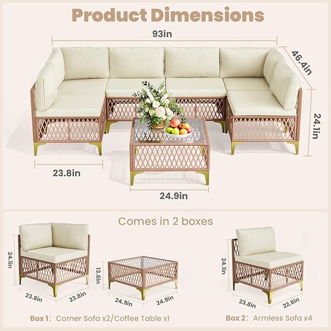 Pamapic 7-Piece Wicker Outdoor Furniture Set, Boho Sectional Sofa Patio Conversation Set with Washable Cushions & Glass Coffee Table, All-Weather Patio Furniture Set for Backyard, Porch, Cream
