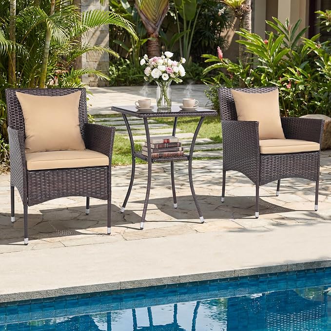 Tangkula 3 Pieces Patio Wicker Bistro Set, 2 Rattan Chairs w/ 2-Tier Tempered Glass Table, Outdoor Conversation Furniture Set with Cushions for Backyard, Porch, Poolside (Mix Brown+Beige)