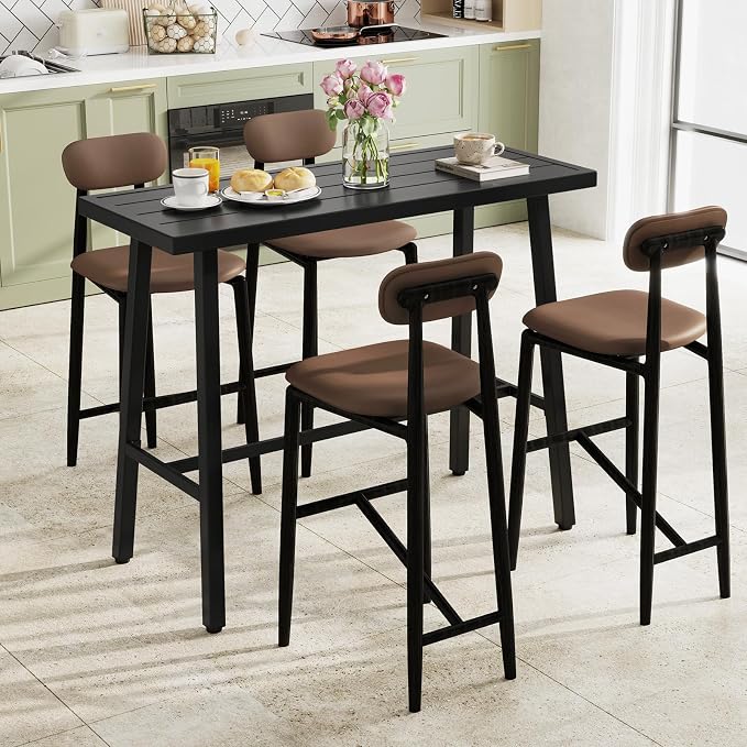 Tangkula 36" Patio Counter Height Bar Table, Rectangular High Pub Table with Sturdy Metal Frame and Adjustable Foot Pads, Outdoor Bistro Dining Table for Balcony, Backyard and Indoor, Black