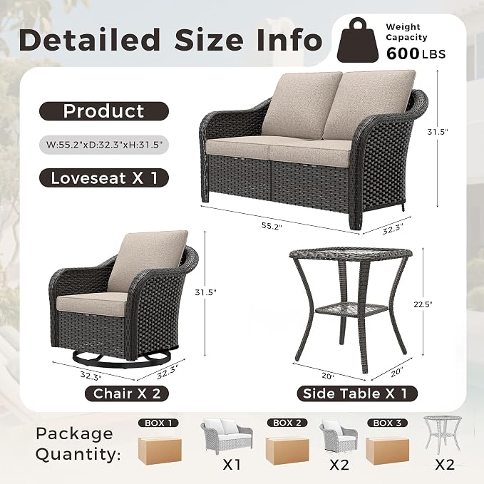 4 PCS Outdoor Conversation Set | 55" Couch, 2 Swivel Chairs, 1 Side Table， Patio Wicker Conversation Furniture with Removable Cushions for Bistro, Deck, Sunroom(Beige)