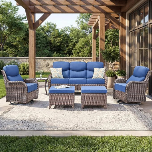 Luxury Swivel Rocker Chair Sofa Set with 6" Thick Cushions,6 Piece Wicker Swivel Rocker Patio Chair with footstools,Outdoor Comfortable High Back Chair Patio Furniture Set - Brown | Blue