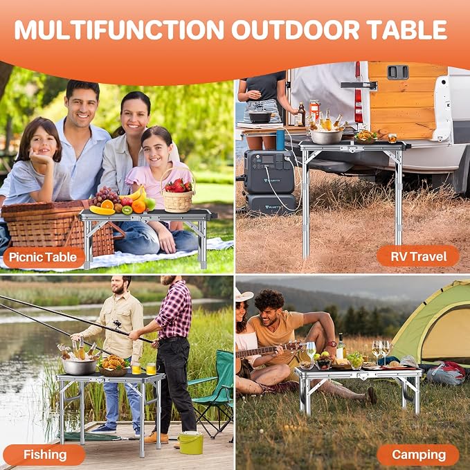 FUNYKICH 2ft Small Folding Table, 3 Height Adjustable Portable Camping Table, Lightweight Aluminum Outdoor Tables with Carry Handle for Car Camping, Backpacking, Picnic, L22.8''xW15.7'', Silver