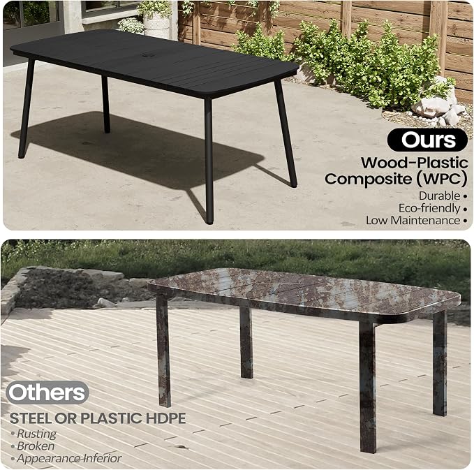 70" Outdoor Dining Table for 6, Black Patio Table | 1.6" Umbrella Hole Rectangle Table with Aluminum Frame and Waterproof Wood Grain Tabletop for Lawn Backyard Garden Poolside