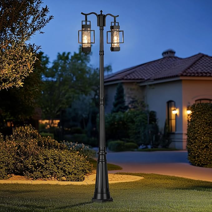 Modern Outdoor Lamp Post Light 2-Head, Hardwired Street Light Post for Outside Metal Pole Light Outdoor Lighting with Water Glass Shade for Garden Patio Backyard Walkway Driveway