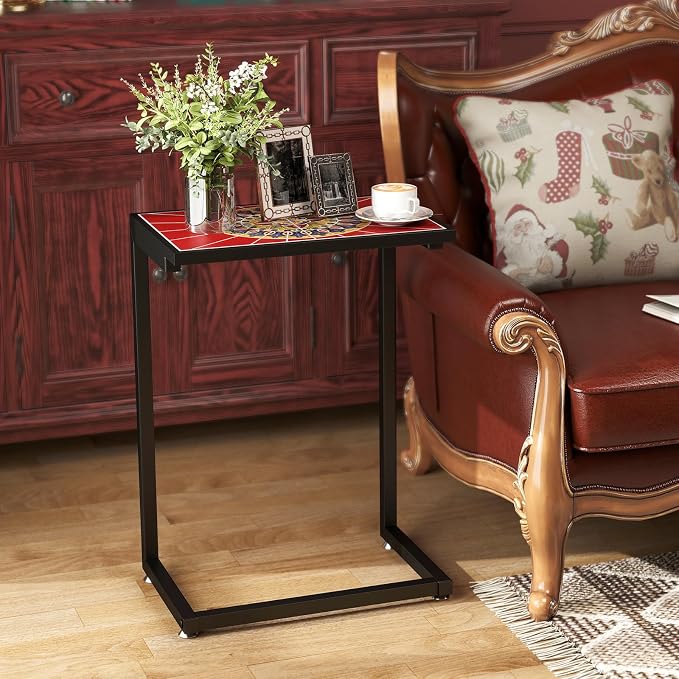 Tangkula C-Shaped Outdoor Side Table, w/Ceramic Top & Anti-Rust Metal Frame, Small Patio End Table for Couch, Sofa & Bed, Outdoor & Indoor Accent Furniture for Living Room, Poolside, Balcony (1, Red)