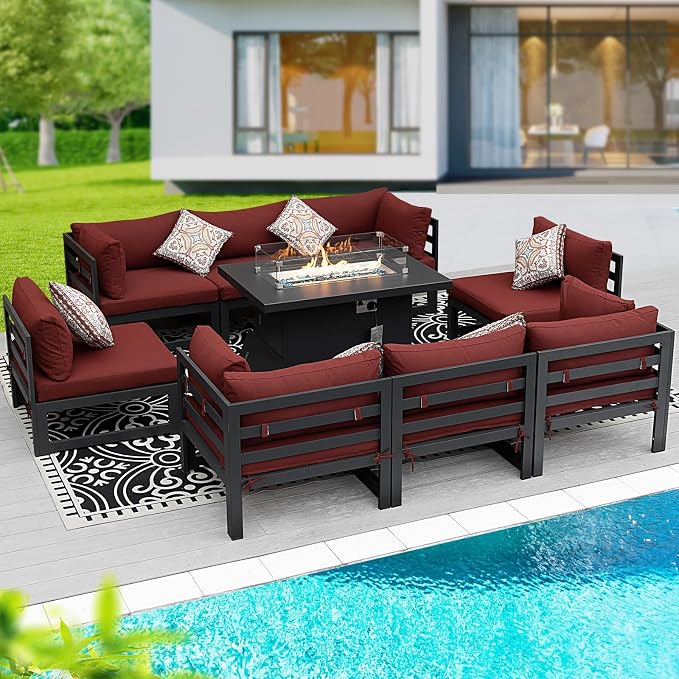 BULEXYARD 9 Piece High End Aluminum Patio Furniture Set with Fire Pit Table, 500 lbs Heavy Duty Outdoor Sectional Sofa, 29" Deep Wide Oversized Seat, L Shaped Conversation Couch for Exterior, Burgundy