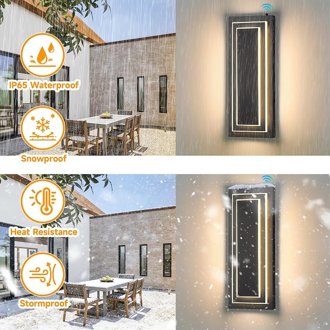 Dusk to Dawn Outdoor Wall Sconce,Outdoor Light Fixtures,16 in,24W | Black, Modern Square Exterior Lights Wall Mount For House,Garage ,Porch,Patio, With 3000K Warm White LEDs,Waterproof ,2 Packs