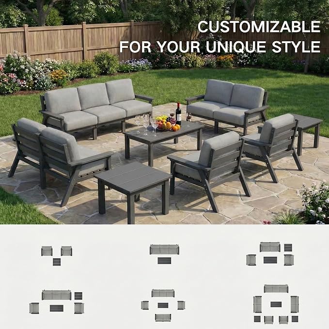 Kingdura HDPE Patio Furniture Set, 12 Piece Outdoor Sectional Sofa with Coffee Table & Side Table, All Weather Outdoor Couch Conversation Set with Washable Cushions for Backyard Poolside Balcony