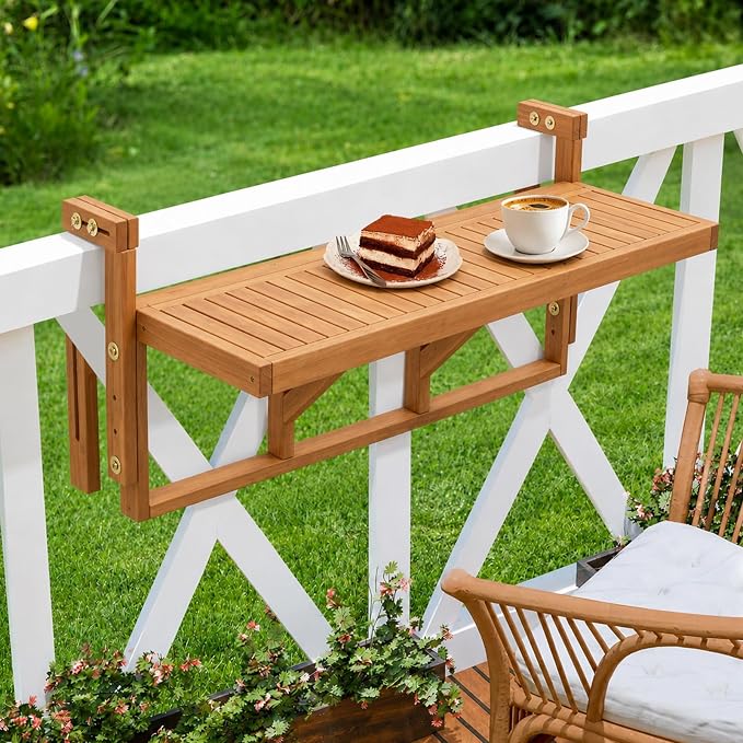 VINGLI 48in Acacia Wood Folding Balcony Hanging Table – Adjustable Height & Width, Balcony Railing Table Ideal for Different Railing Widths, Perfect for Balcony, Patio, Rectangular,Natural Wood Color