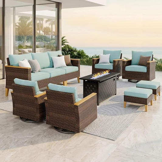 PHI VILLA Wicker Patio Furniture Set with Swivel Chairs, 10 Pieces Outdoor Conversations Set with 45" Fire Pit Table, Oversized Rattan Patio Sectional Sofa with Ottoman, Aqua Blue Cushion