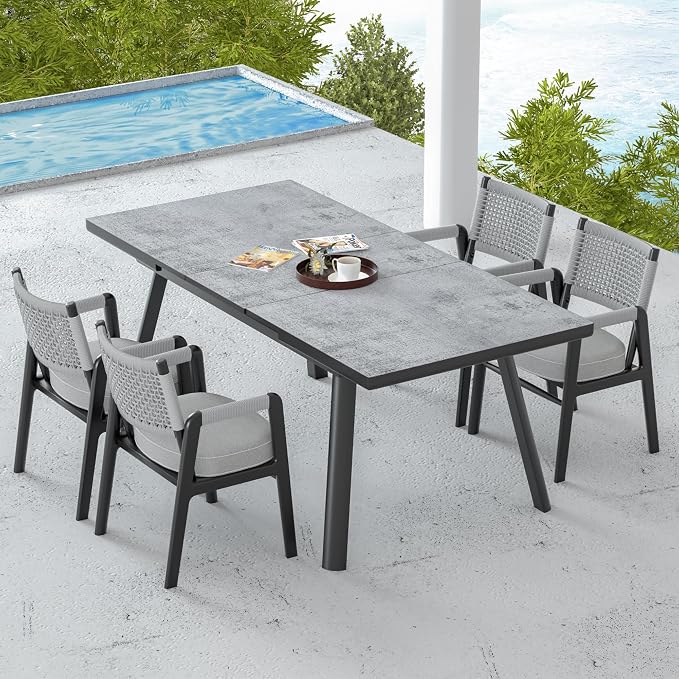 RoyalCraft Patio Expandable Table Dining Set for 4 to 8, Aluminum Outdoor Dining Table, Rectangular Patio Metal Table for Backyard Porch, Deck ＆ Garden, Easy Assembly, 59"- 75", Grey