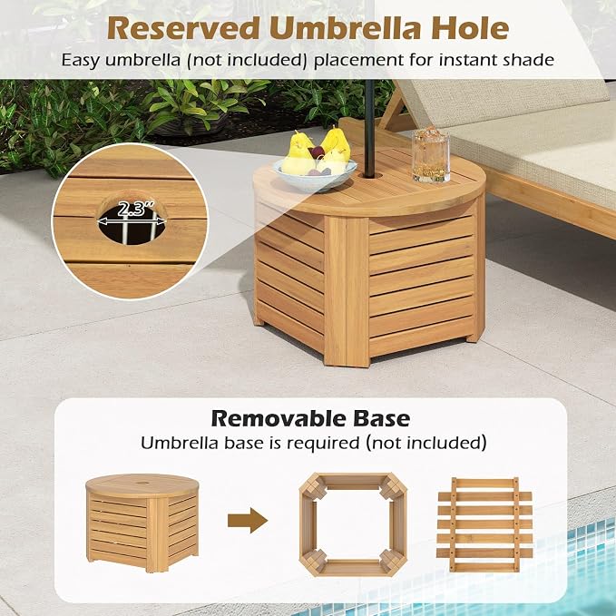 HAPPYGRILL Outdoor Side Table with Umbrella Hole, Acacia Wood End Table with Storage, Removable Base, Patio Storage Box for Backyard, Balcony, Poolside (Octagonal)