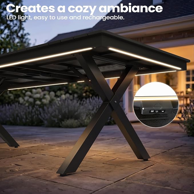 Pellebant 94" Outdoor Dining Table with LED Lights, 8-10 Person Aluminum Patio Table with Umbrella Hole, Sturdy Frame & 8ft Wood Grain Tabletop for Deck, Porch, Backyard