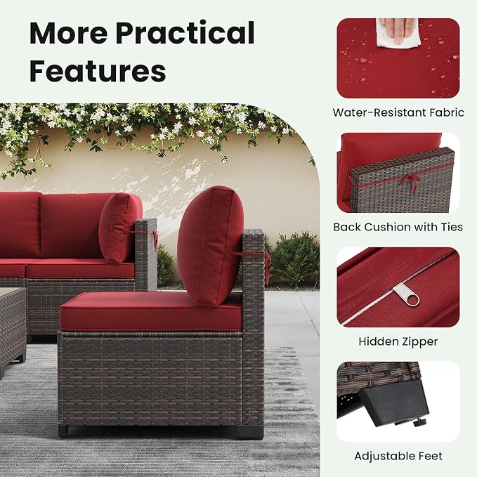 Soohow 8 Piece Patio Furniture Set with 44" Fire Pit Table, Outdoor Sectional Wicker Rattan Conversation Set for Garden, Porch, Backyard - Wine Cushions
