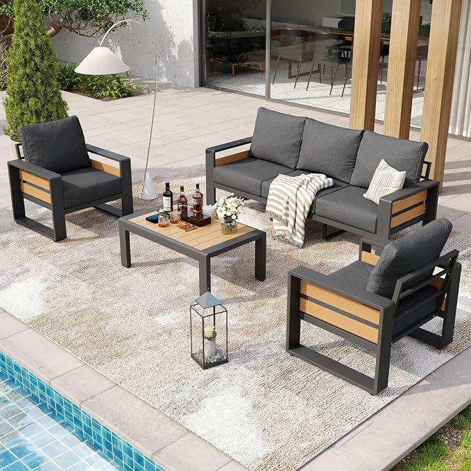 Aoxun Aluminum Patio Furniture Set, 5 Seats Luxury Outdoor Sectional with 6" Olefin Fabric Cushions, Conversation Set with Coffee Table for Garden, Deck Dark Grey
