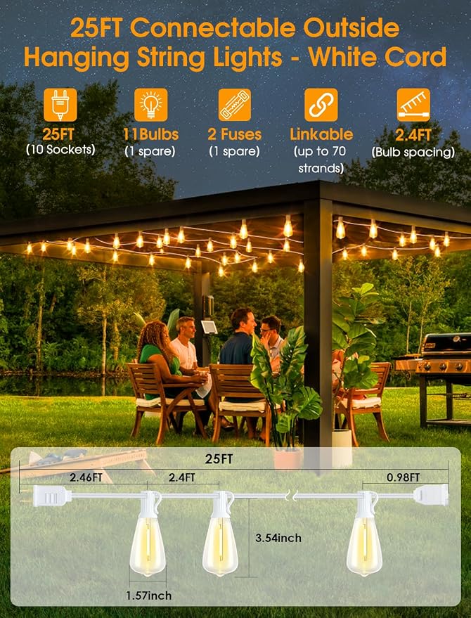 25FT Outdoor String Lights, Patio Lights with 10+1 2700K LED Dimmable Waterproof Outside Hanging ST38 Edison Bulbs for Backyard, White Cord