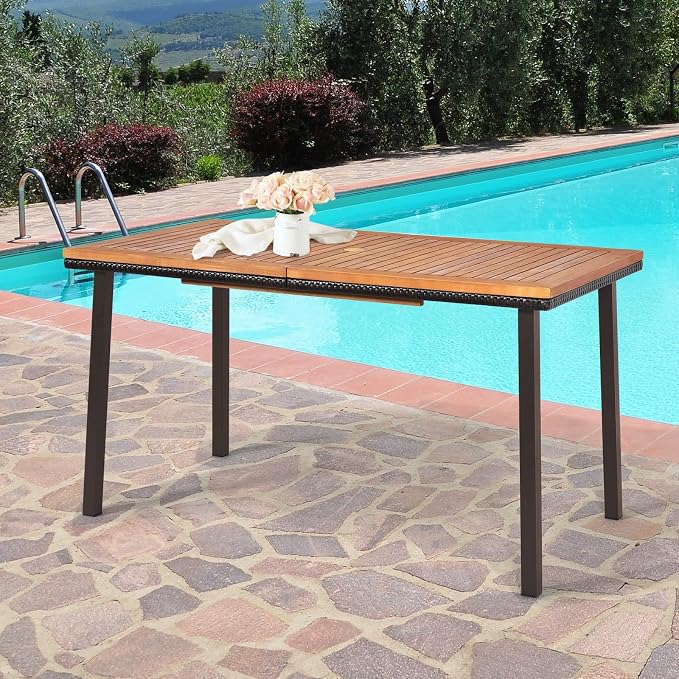 SlickBlue 55" Outdoor Acacia Dining Table with Umbrella Hole for Garden Patio