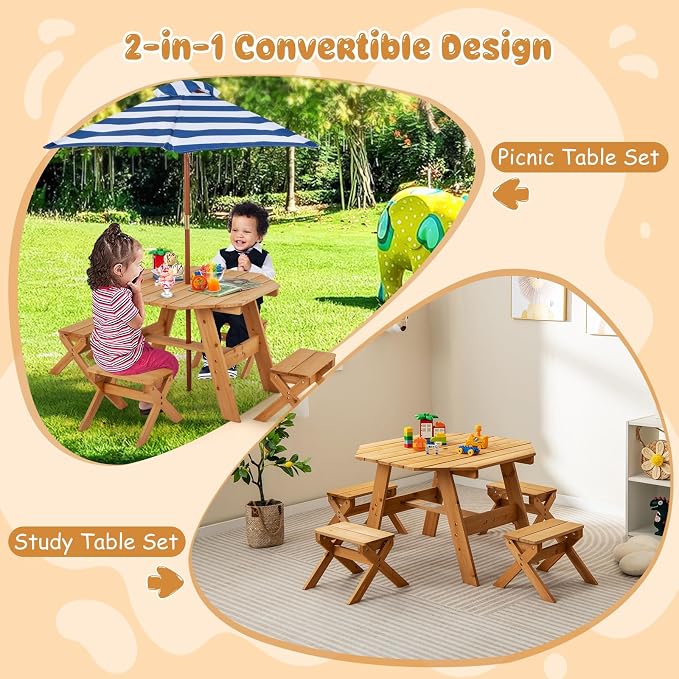 HONEY JOY Kids Picnic Table, Fir Wood Octagon Table & 4 Stool Set, Stripe Fabric Umbrella, Toddler Picnic Table for Outdoors, Children Backyard Furniture for Patio Garden (Natural)