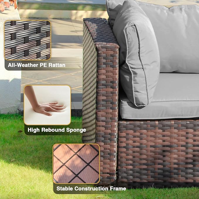13 Piece Patio Furniture Set with Fire Pit Table All Weather PE Rattan Outdoor Sectional Sofa Couch with No-Slip Cushions for Garden, Poolside, Backyard (Grey)